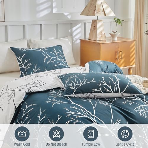 Image of Lekesky Reversible Duvet Cover Queen Size, Dark Blue White Thin Branch Comforter Covers Queen 3pc Ultra Soft Microfiber Breathable Stylish Bedding Sets with Zipper Ties