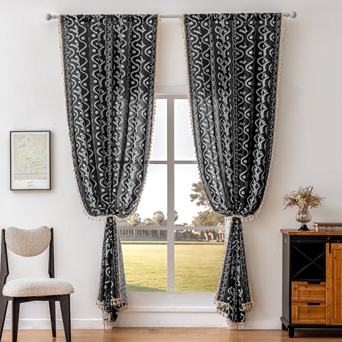 Image of Boho Curtains 84 Inch Long for Living Room, Bedroom, 2 Panels Floral Farmhouse Vintage Tassel Semi Sheer Light Filtering Privacy Window Curtain Drapes with Rod Pocket,Black