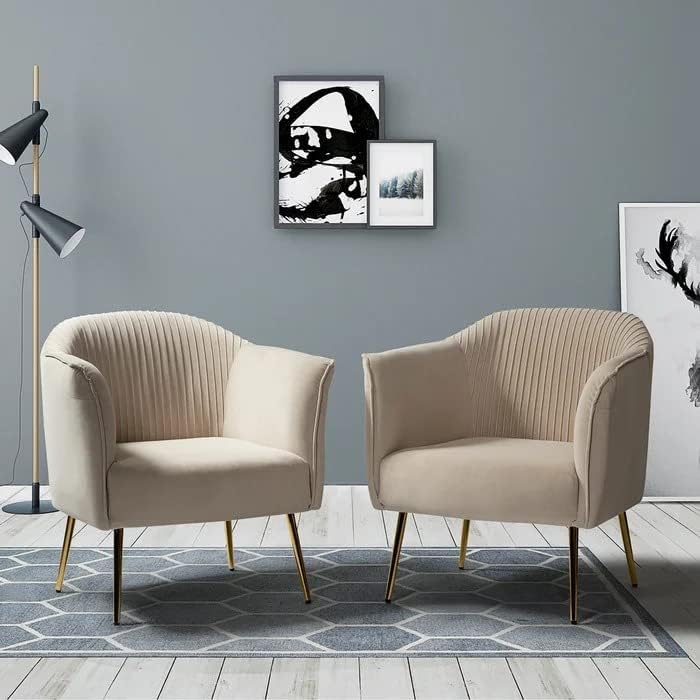 The Sofa Studio - Modern Velvet Accent Chair Ribbed Back Design Gold Metal Legs, Set of 2 Accent Chairs for Living Room, Bedroom and Entryway (Beige)-image-16