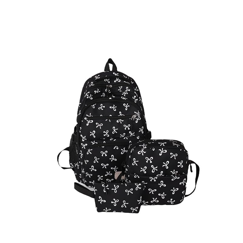 Pink Bow Backpack for Girls, Coquette Backpack Cute Kawaii Nylon Rucksack, Cute Bow Backpacks 3pcs Set (Black)