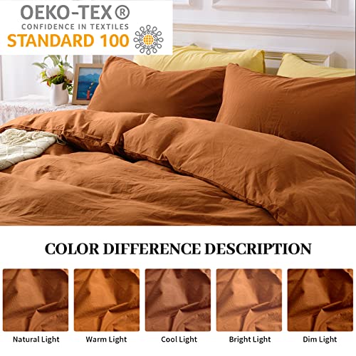 NEXHOME PRO 3-Piece Queen Size Terracotta Duvet Cover Set - 100% Washed Cotton, Soft Linen Texture, Zipper Closure (No Comforter)