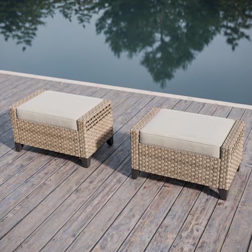 EAGLE PEAK 2 Piece Wicker Outdoor Ottoman, Patio Ottoman Foot Rest for Couch with Removable Cushions for Patio, Deck, Backyard and Poolside, Brown/Gray