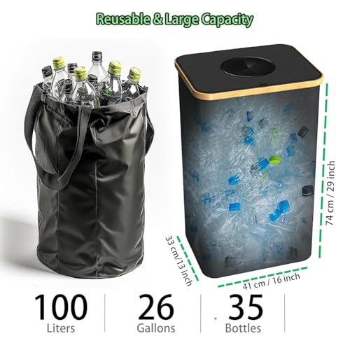 Image of Recycling Bin for Kitchen Indoor Home, Large 26 Gallon 100L Recycle Bin with Lid Removeable Reusable Inner Bag Bottle Can Glass Waste Plastice Stickers,Black