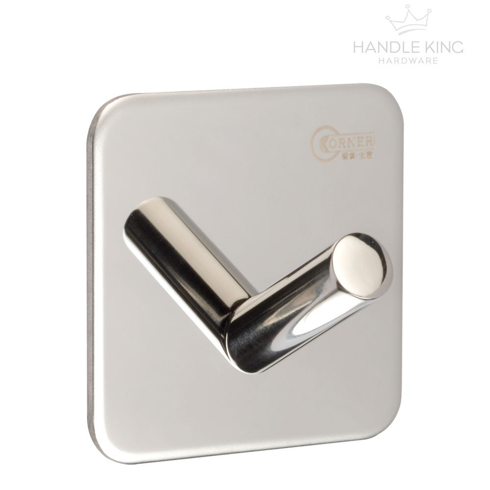 Stick On Robe Hooks on Self Adhesive Backplate - Polished Stainless Steel