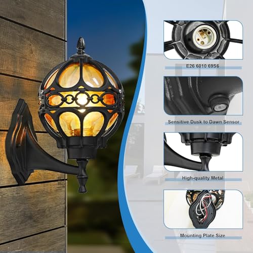 Dusk to Dawn Outdoor Wall Lights, Black Globe Aluminum Exterior House Lantern with Amber Glass, Anti-Rust Waterproof Outside Round Wall Lighting Fixtures for Patio Doorway Garage