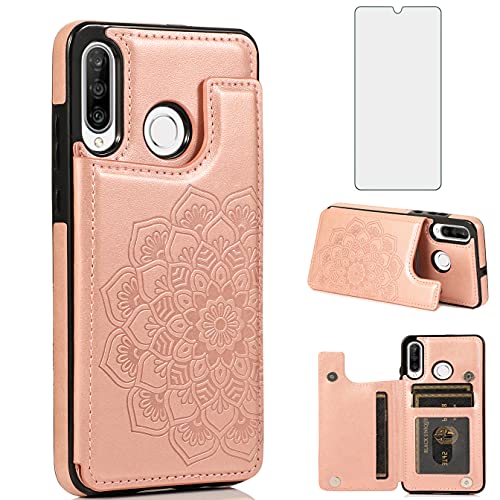Asuwish Compatible with Huawei P30 Lite Case and Tempered Glass Screen Protector Cell Accessories Card Holder Slot Stand Kickstand Flip Wallet Phone Covers for Hawaii P30Lite P 30 30Lite 30P Rose Gold
