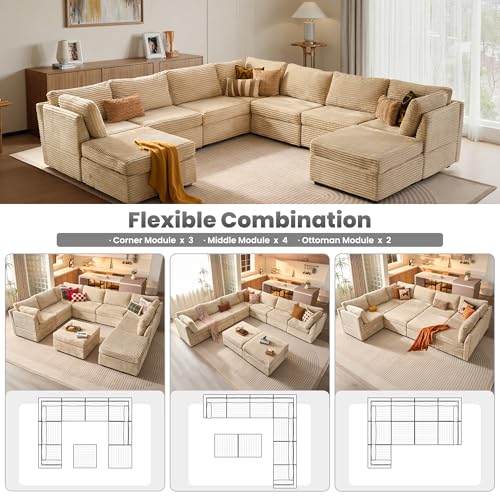 Image of ovios Modular Sectional Sofa Couch with U-Shape Chaise Ottomans, Comfy Plush Corduroy Cloud Couches, Modern Luxury Deep Seat Sofas Set for Living Room, 9-Seater, Beige