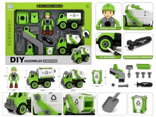 Image of DIY Assembled Sanitation Truck Toy Set for Kids 3+ | Take Apart Garbage Truck with Screwdriver, Worker Figure & Tools | Educational Construction Vehicle Puzzle Assembly Toy for Boys & Girls
