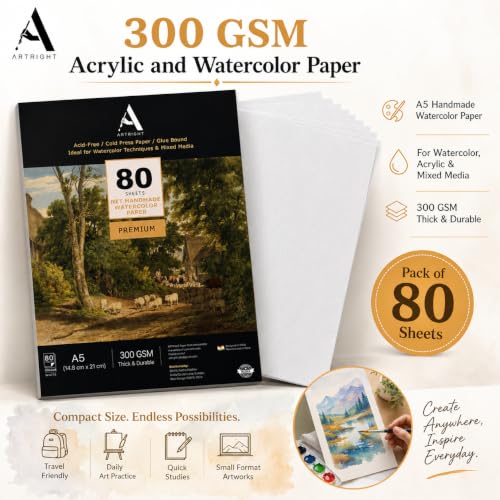 Image of ArtRight Artists' A5 Acrylic Paper Pack of 80 Sheets, 300 GSM; Rough Grain Handmade Sheets for Gouache & Mixed Media (Papers for Acrylic & Gouache Media)