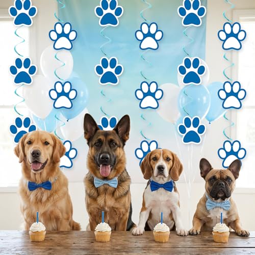 Image of 24 Pcs Dog Paw Prints Themed Party Hanging Swirl Blue White Puppy Birthday Decorations Banners Paw Prints Ceiling Streamers for Pets Birthday Baby Shower Party Favors Supplies