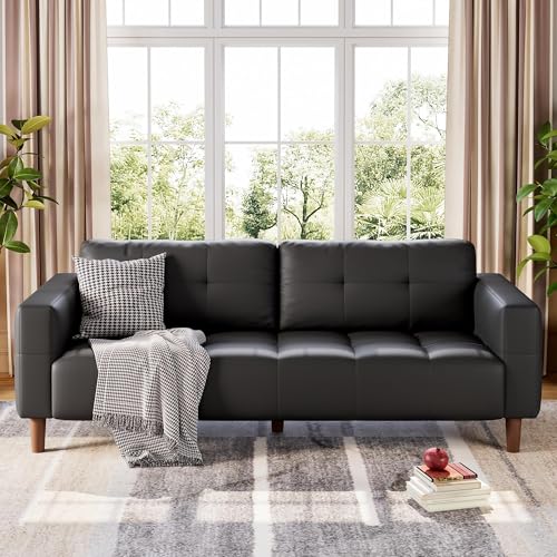 Image of IDEALHOUSE 83 inch Black Faux Leather Couch, 3 Seater Sofa Couches