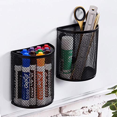 MyGift Magnetic Black Mesh Metal Wire Dry Erase Marker and Office Supply Pencil Holder Organizer Storage Baskets for Whiteboards, Lockers and Refrigerators, Set of 2