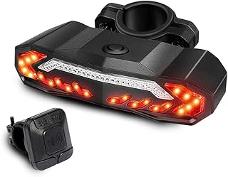 Domary Lâmpada traseira de bicicleta, 5 em 1 lanterna traseira de bicicleta com sinais de direção bicicleta alarme anti-roubo LED luz traseira à prova d'água com 6 modos de luz controle remoto par