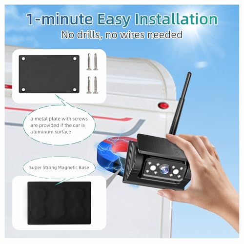 Image of 1080P Magnetic Solar Wireless Backup Camera, 9600mAh Rechargeable Battery Powered Reversing Camera, App Control WiFi Backup Camera, Easy to Install with no Drills, for RV, Trailer, Truck