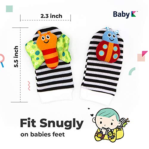 BABY K Foot Finder Socks & Wrist Rattles (Butterfly Bugs Set A) - Newborn Toys for Baby Boy or Girl - Brain Development Infant Toys - Hand and Foot Rattles Suitable for 0-3, 3-6, 6-12 Months Babies