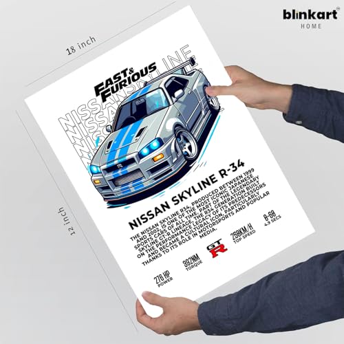 Image of BLINKART Nissan Skyline GT-R R34Car Posters Sticker Gift Items for Boys Room Wall Decor || Comes with Double-Sided Tape|| Decoration Bedroom Living Room Office Studio Decor | 12x18 In (A3) - CAR-266
