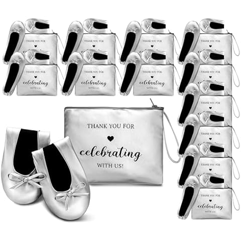 Cuffbow 12 Pairs Wedding Foldable Flats Dancing Shoes Rollable Ballet Flats Bulk Party Wedding Slippers Bridesmaids Guests(Silver) Cover