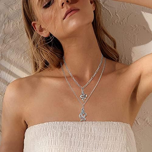 ADRAMATA 9 Pcs Layered Necklaces for Women Men Long Punk Emo Necklaces Heart Cross Key Lock Snake Punk Pendant Necklaces Statement Gothic Chain Necklaces Set Silver Necklaces for Women Men