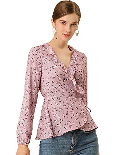 Allegra K Women's Floral V Neck Wrap Top Long Sleeve Tie Waist