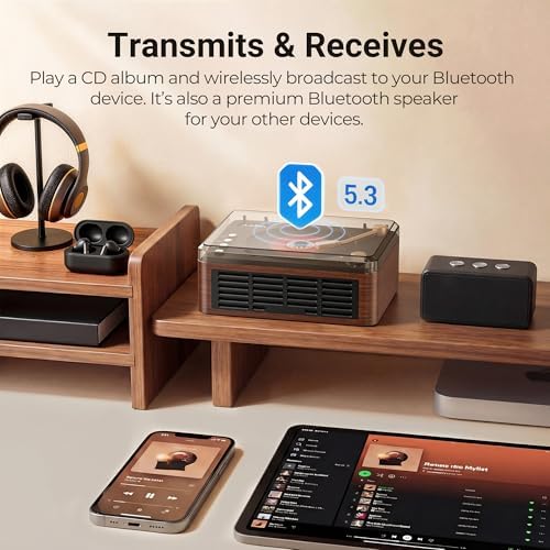 CD Player with Speaker, Retro Portable CD Players for Home with Bluetooth, Hi-Fi Bass Boost, 3600mAh Battery, LCD Screen, Top-Loading Design, USB/AUX Input/FM Radio - Walnut Brown Detail