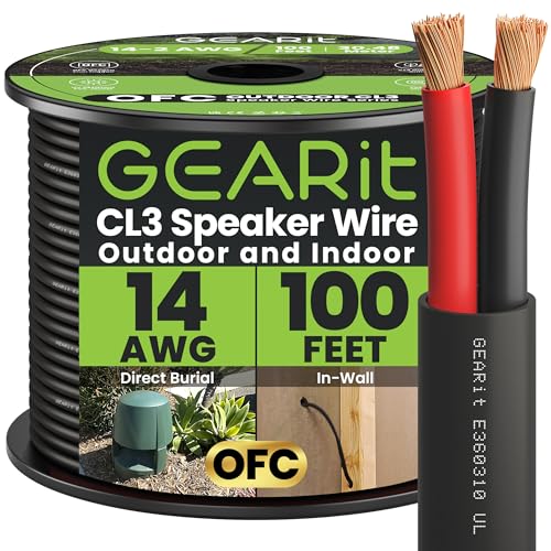 GEARit Outdoor Speaker Wire CL3 Rated, 14 Gauge Speaker Wire, Speaker Cable 100 ft for Outdoor Speakers, Patio, Garden, Backyard Audio, Direct Burial in Ground/in Wall, OFC (Black, 2-Conductors)
