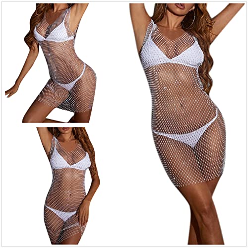 Leomoste LEYF-210733120S-01 Women Sexy Deep V Sparkly Rhinestone Sheer Mesh Fishnet Swimsuit Beachwear Bikini Swimwear Cover Up Clubwear Dress White thumb #2