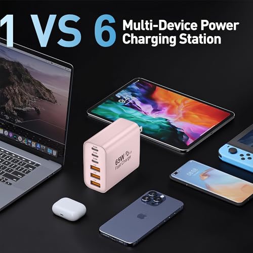 Image of 65W USB C Charger Block,6-Port Multi Device Fast Charger PD QC Wall Adapter | GaN technology saves space and reduces heat,ideal for home,office,travel,wide compatibility for iphone and USBC devices(Pink
