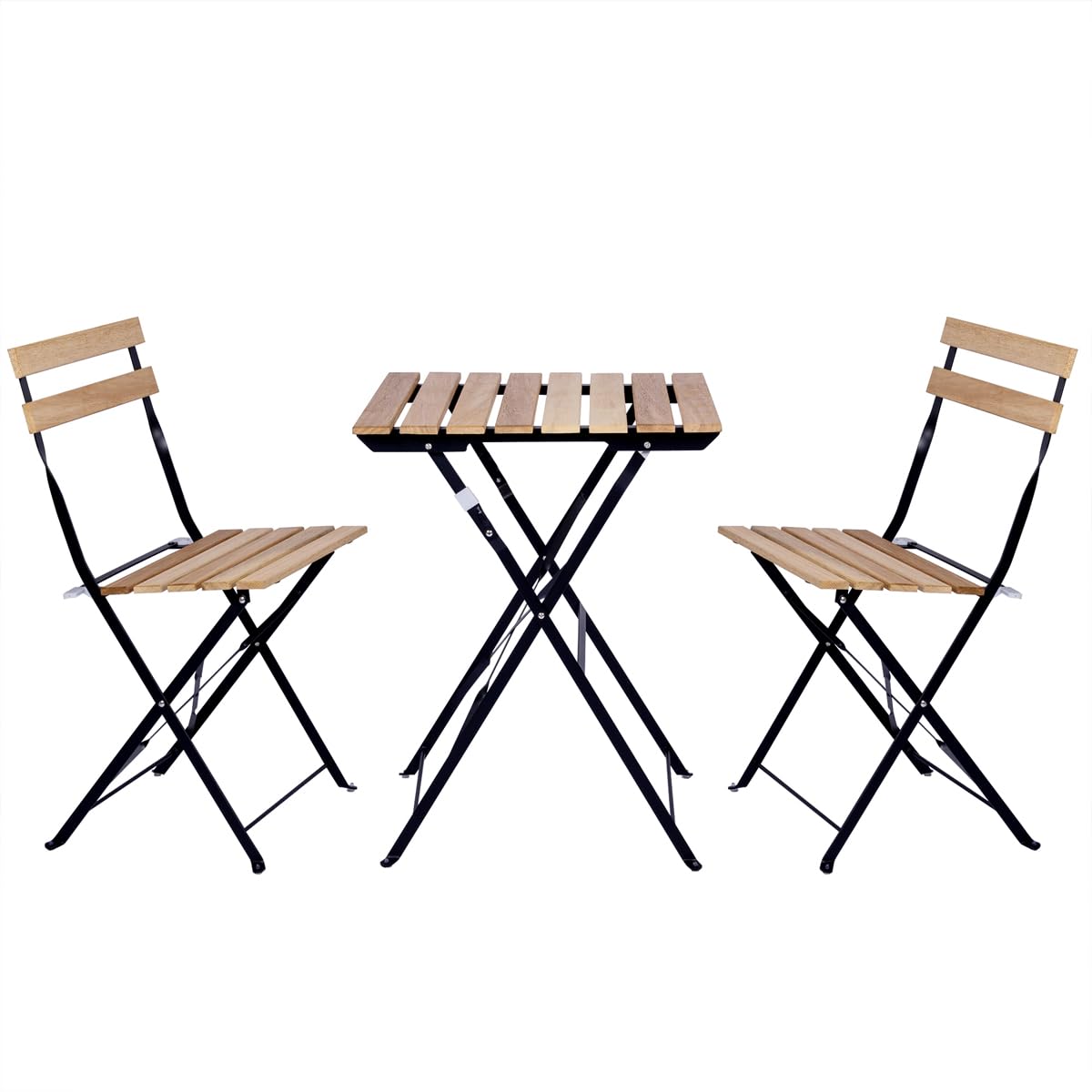 Set de 3 Muebles de Mesa y 2 Sillas, Jardín, Exterior, Plegables, Metal y Madera, para Terraza Estilo Retro, Estructura de Acero, tipo Bistró, Patas Antideslizantes, Balcones Pequeños, Terrazas