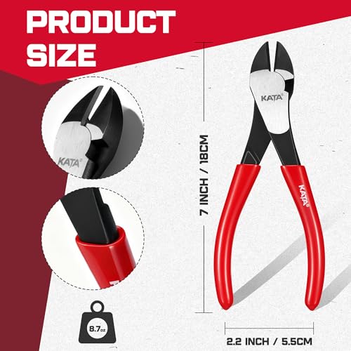 Image of KATA 7 inch High Leverage Diagonal Cutting Pliers, Heavy Duty Wire Cutters | Angled head sharp diagonal side cutters for soft wire, cable ties, copper wire, silver jewelry crafts and home repair tasks