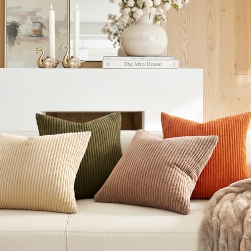 Image of Topfinel 20x20 Sofa Pillow Covers Rust and Olive Green Velvet Throw Pillow Covers Boho Farmhouse Cushion Cases Soft Corduroy Fall Home Decor for Couch Bed Sofa Living Room Pack of 4