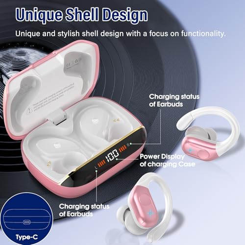 Image of Qecnato Wireless Earbuds Bluetooth 5.4 Headphones Sports, 75H Stereo Deep Bass Over Ear Buds with Earhooks, Bluetooth Earbuds with 4 ENC Mic, LED Display, IP7 Waterproof Earphone for Running, Pink
