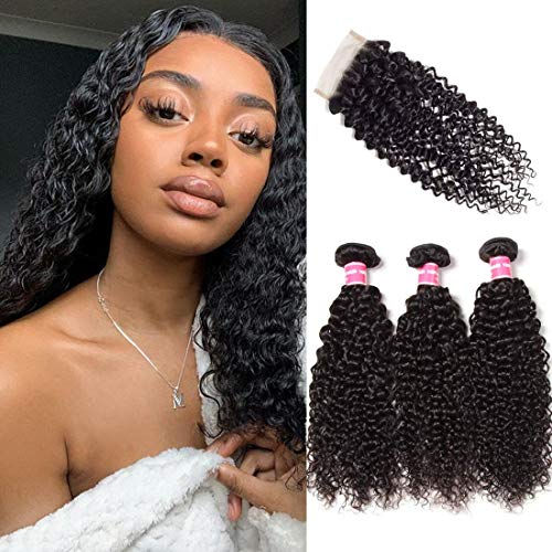 Donmily 10A Grade Brazilian Curly Hair 3 Bundles with Free Part Lace Closure 100% Unprocessed Virgin Human Hair Bundles with Closure Natural Color 22 24 26+18inch