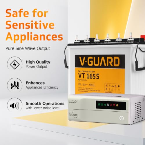 Image of V-Guard Inverter & Battery Combo (Prime 1150 Mili Pure Sine Wave 1000VA /12V Inverter, VT 165S 154 Ah Tall Tubular Battery) for Home, Office & Shops