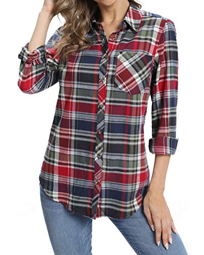 Fuinloth Women's Flannel Button Down Shirt, Plaid Long Sleeve 100% Cotton With Pocket 3 Red Black X-Large #TOP10