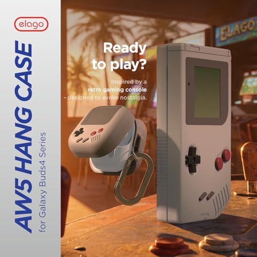 Image of elago AW5 Compatible with Samsung Galaxy Buds 4 Pro Case & Galaxy Buds 4 Case, Classic Game Player Design Cover with Carabiner, Full Protection, Headphone Accessories, for Men, Women (Light Grey)