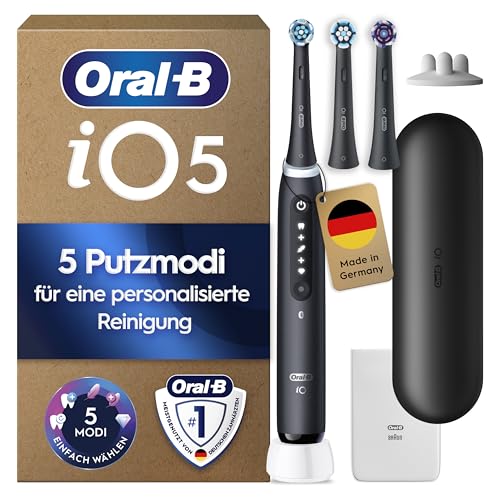 Oral-B iO Series 5 Plus Edition Elektrische Zahnbürste — Electric Toothbrush, Inkl. 3 Aufsteckbürsten und Reise-Etui — 5 Putzmodi für Zahnpflege, Zahnbürste Elektrisch, Designed by Braun, Schwarz 1