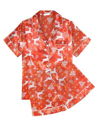 Image of Ekouaer Womens Silk Satin Pajama Sets Soft Short Sleeve Button Down Sleepwear Top and Shorts 2 Piece Pjs Lounge Set