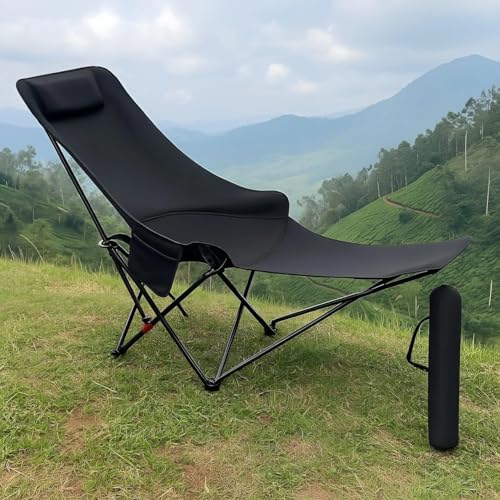 Image of Foldable Camping Chair Recliner - Lightweight Portable Outdoor Folding Chair with 3 Adjustable Positions, Compact Heavy Duty Chair for Beach, Garden, Fishing & Picnic (Black)