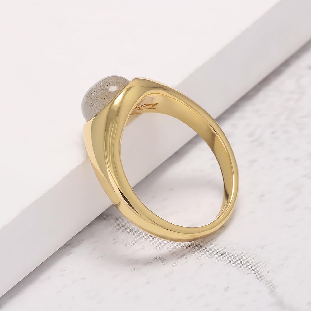 925 Sterling Silver Labradorite Signet Ring, 18K Gold Plated, Round Stone, Minimalist Dainty Valentine's Day Jewelry Gift for Him or Her