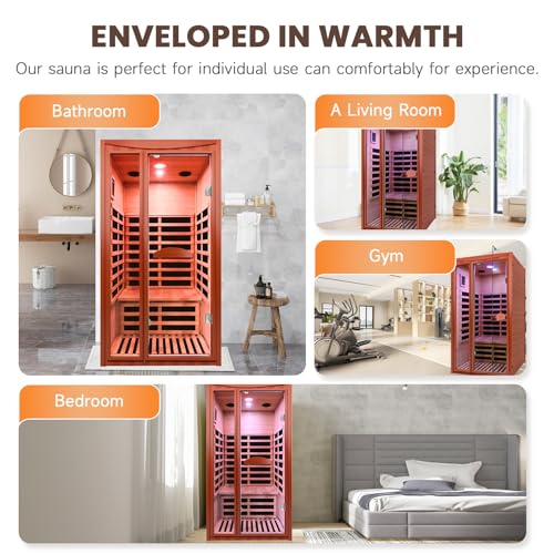 Image of OUTEXER Far Infrared Sauna Home Sauna Spa Room for 1-2 Person Low-EMF Canadian Hemlock Wood 1550W Indoor Saunas with 7 Color Light 39.3 * 35.4 * 74.8Inch