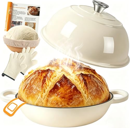 Gusseisen Topf Brot Backen,5,7L Bräter Emaille Schmortopf mit Deckel und Griffen,26 cm Dutch Oven,Brotbacktopf mit Gärkorb,Schmortopf Gusseisen Topf für Küche Backen Schmoren & Braten (Weiß) 1
