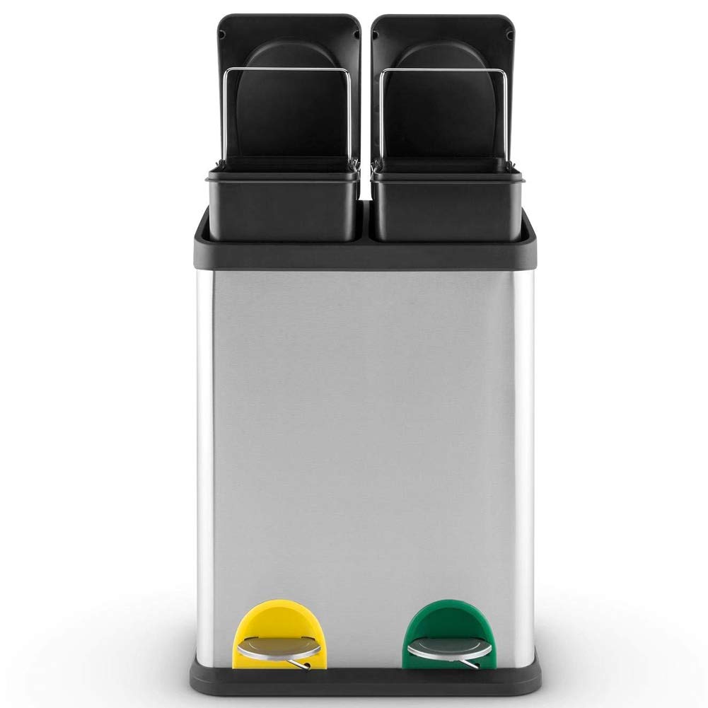 BAKAJI Cubo de basura de reciclaje de acero inoxidable y plástico con compartimentos, contenedor de basura extraíble con apertura a pedal, para casa, cocina y exterior (30 litros)