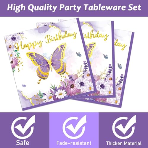 Image of ZOIIWA 96 PCS Purple Butterfly Birthday Party Tableware Set - Butterfly Themed Party Decorations, Plates, Napkins, Forks for Girls, Women, Baby Shower Favors