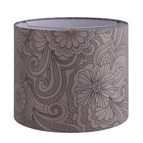 Image of Aspen Creative 31108 Transitional Drum (Cylinder) Shaped Spider Construction Lamp Shade in Beige With Black Floral Design, 12 inch Wide (12 inch x 12 inch x 10 inch)