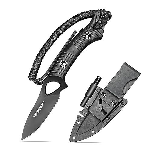 TONIFE Explorer - Cuchillo de hoja fija con funda de plástico 8Cr14MoV, cuchillo de supervivencia, mango de nailon reforzado con fibra de vidrio para acampar al aire libre EDC (negro + titanio negro)