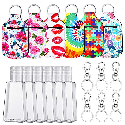 Hand Sanitizer Bottle Keychain Holder Set, Includes 6pcs Empty Travel Size Bottle 6pcs Keychain Carriers and 6pcs Key Chain, 30ML Bottles for Liquids, Soap, Lotion
