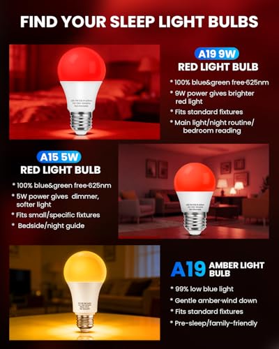 Image of Red Sleep Light Bulbs: A19 9W 625nm Red Light Bulbs for Sleeping, 100% Blue Light Blocking Dim Light Bulbs 60W Equivalent, E26 LED Bulbs for Mood Soothing, Bedroom and Baby Nursery, 2 Pack