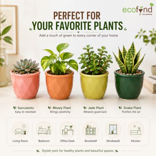 Image of ecofynd 4 Inch Ceramic Plant Pots with Drainage Hole, Modern Decorative Clay Flower Pots for Indoor Plants, Home Garden Decor for Living Room, Bedroom & Interior Spaces (Pack of 4, CPOT043-MUL)
