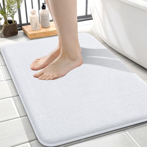 Image of OLANLY Thick Memory Foam Small Bathroom Rugs 24x16, Extra Soft Absorbent Bathroom Mat, Quick Dry Bath Mat, Non-Slip, Machine Washable Carpet for Bathroom, Tub and Shower, Home Decor Accessories, White
