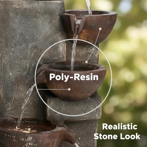 Image of SunJet 5-Tier Outdoor Water Fountain Resin Fountain Decor with LED Lighting Natural Polyresin Looking Stone Decor for Garden Patio Fold Court Yard Deck 12.99 inch L x 13.78 inch W x 39.76 inch H